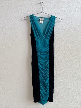 FUZZI Ruched Teal and Black Sleeveless Dress
